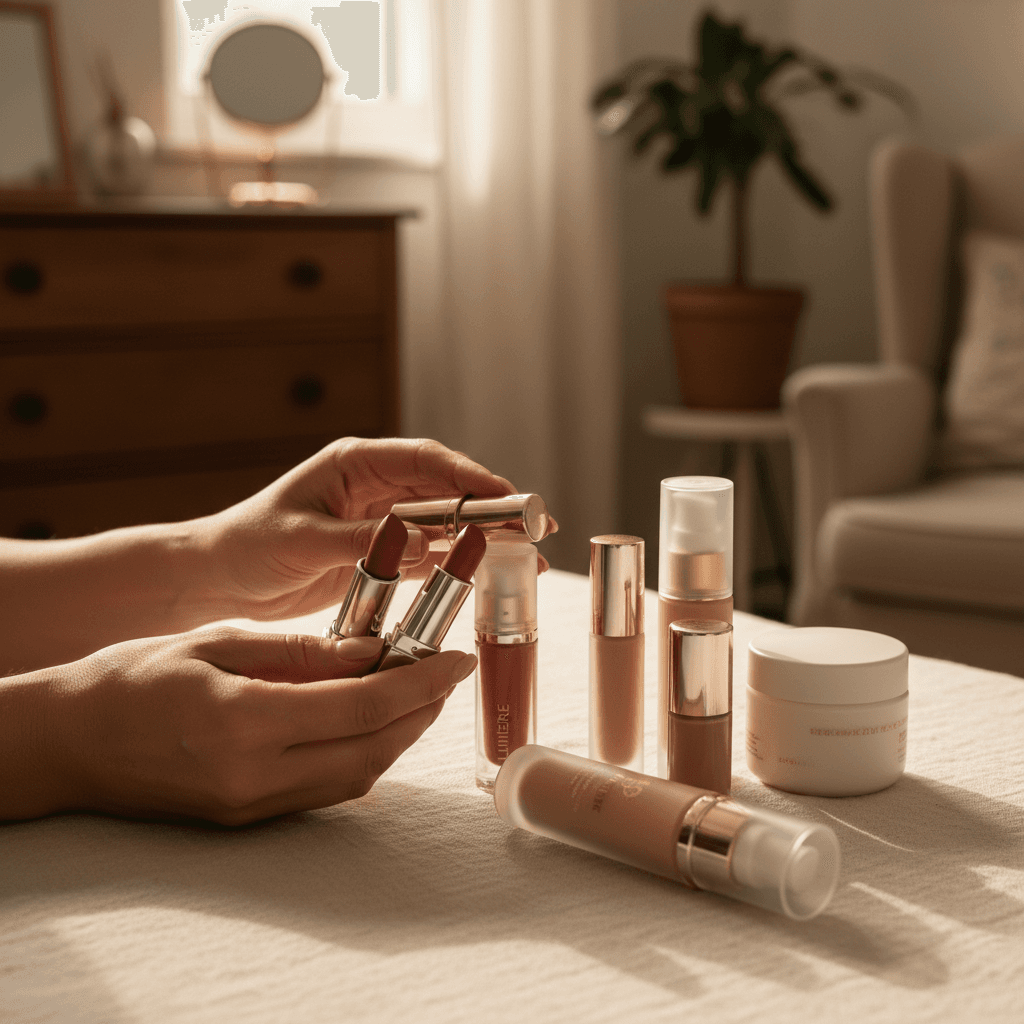 Woman holding a lipstick tube in natural light with beauty products in background